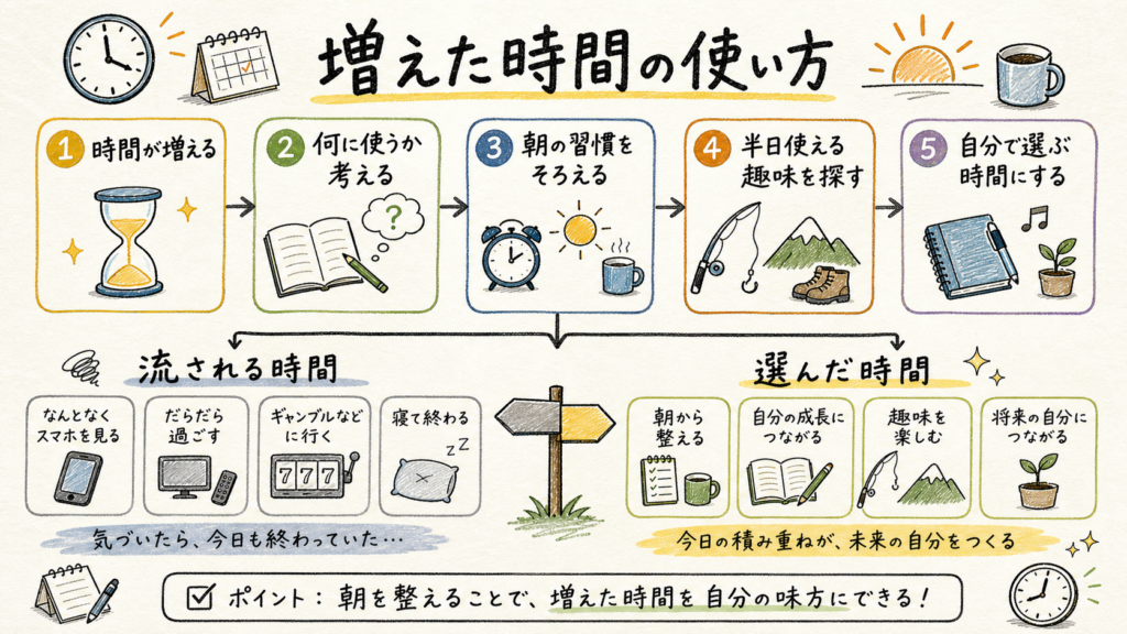 人物なしのアイコンで増えた時間の使い方と流される時間と選んだ時間の違いを整理した図解