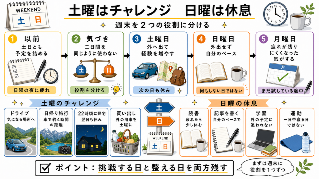 土日に予定を詰めていた以前から、土曜の挑戦、日曜の休息、月曜の確認までを5段階と具体例でまとめた図