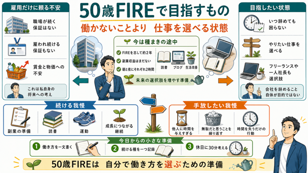 雇用だけに頼る不安、現在の種まき、目指す働き方、続ける我慢と手放したい我慢をまとめた図