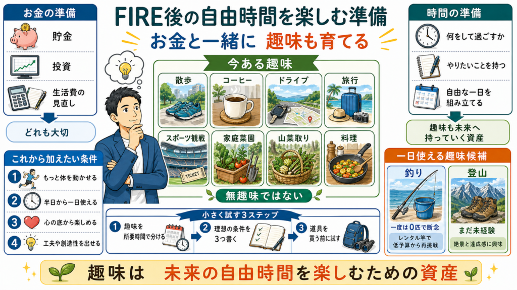 FIRE後の自由時間に向けて、お金の準備、現在の趣味、加えたい条件、趣味候補、小さく試す流れをまとめた図