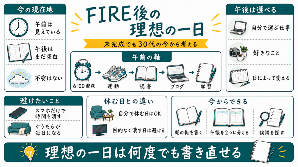 午前6時の起床から運動・読書・ブログ・学習へ進む流れと、まだ空白の午後を今から考える方法をまとめた図解