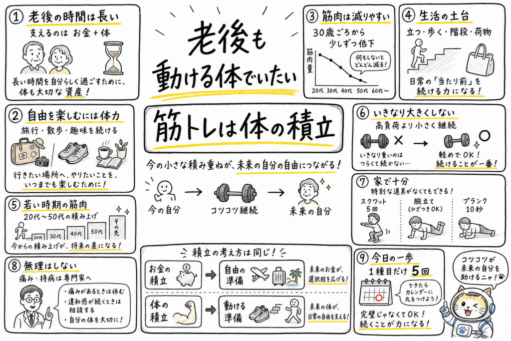 老後も動ける体でいるために筋トレを体の積立として整理した手書きインフォグラフィック