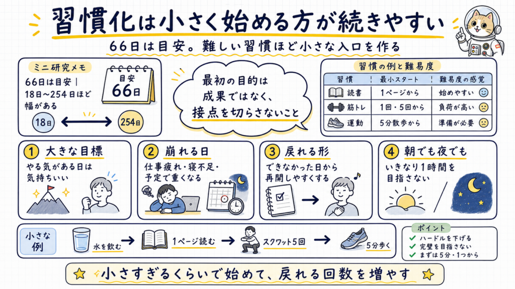 習慣化の66日という目安、18日から254日の幅、読書・筋トレ・運動の最小スタート例を詰め込んで整理し、右上に宇宙服の猫キャラクターがいる横長
