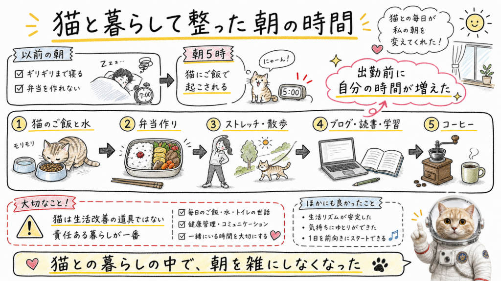 猫と暮らす前後の朝の変化と、弁当作りや自分時間につながる朝ルーティンを整理した図解
