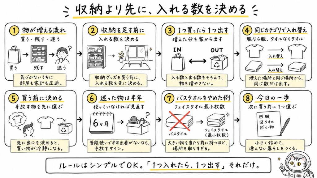 収納を増やす前に入れる数を決める考え方を、1つ買ったら1つ出すルールやバスタオルをやめた例で整理した手書き風図解