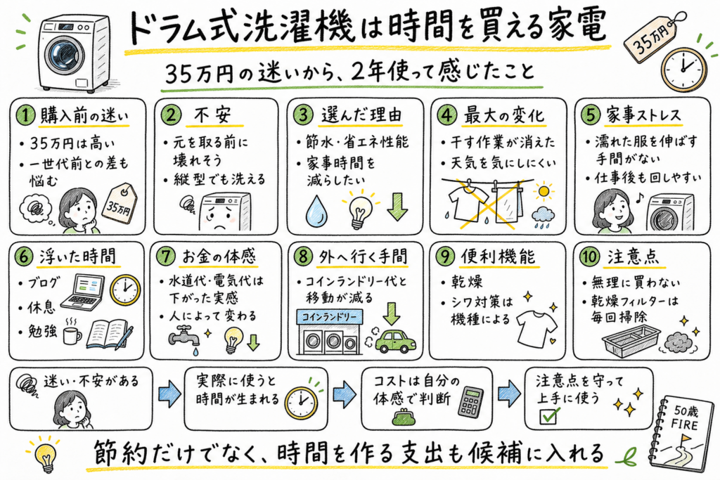 ドラム式洗濯機の購入前の迷い、導入後の変化、時間の使い道、お金の体感、注意点を10項目と下段フローで整理した手描き図解