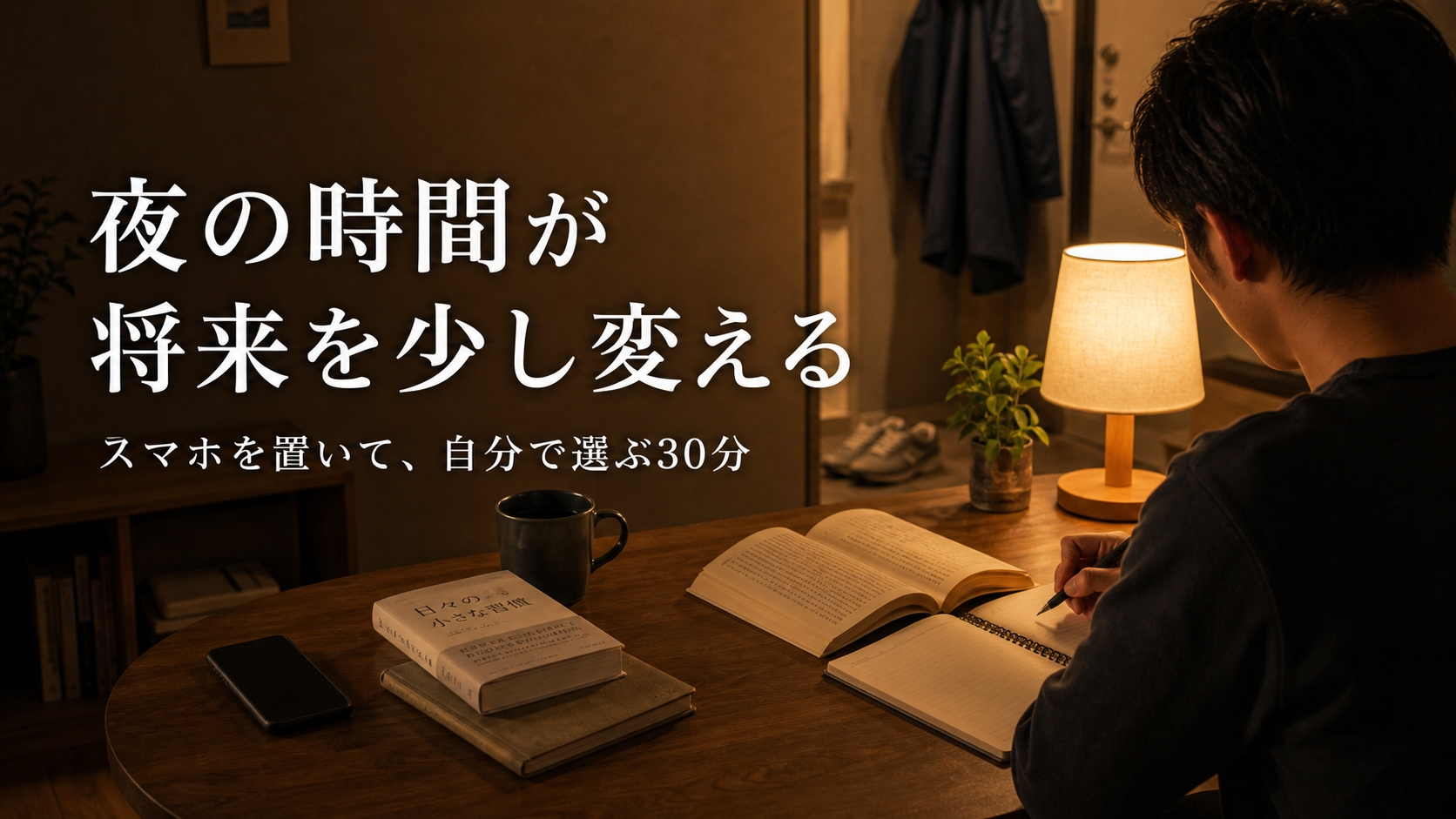 暖色の部屋で男性が本とノートを前に座り、スマホを置いて「夜の時間が将来を少し変える」と表示されたサムネイル