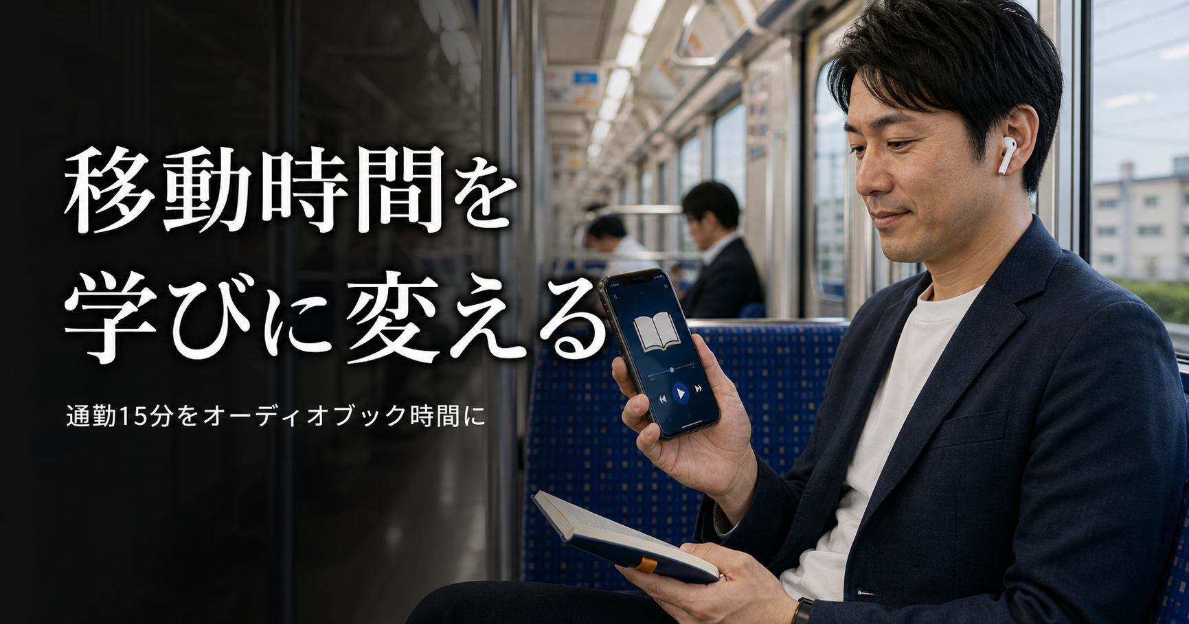 停車中の車内でオーディオブック画面のスマホとノートが置かれ「移動時間を学びに変える」と表示されたサムネイル