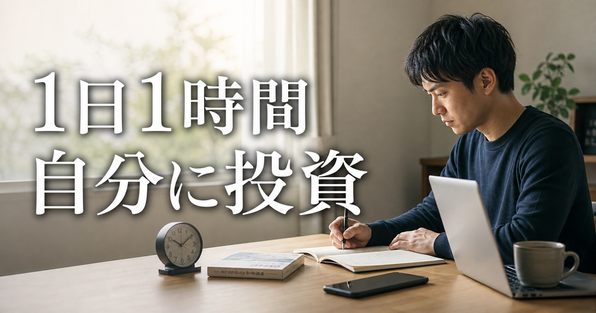 朝の机でノートとパソコンに向かう男性と「1日1時間 自分に投資」の文字