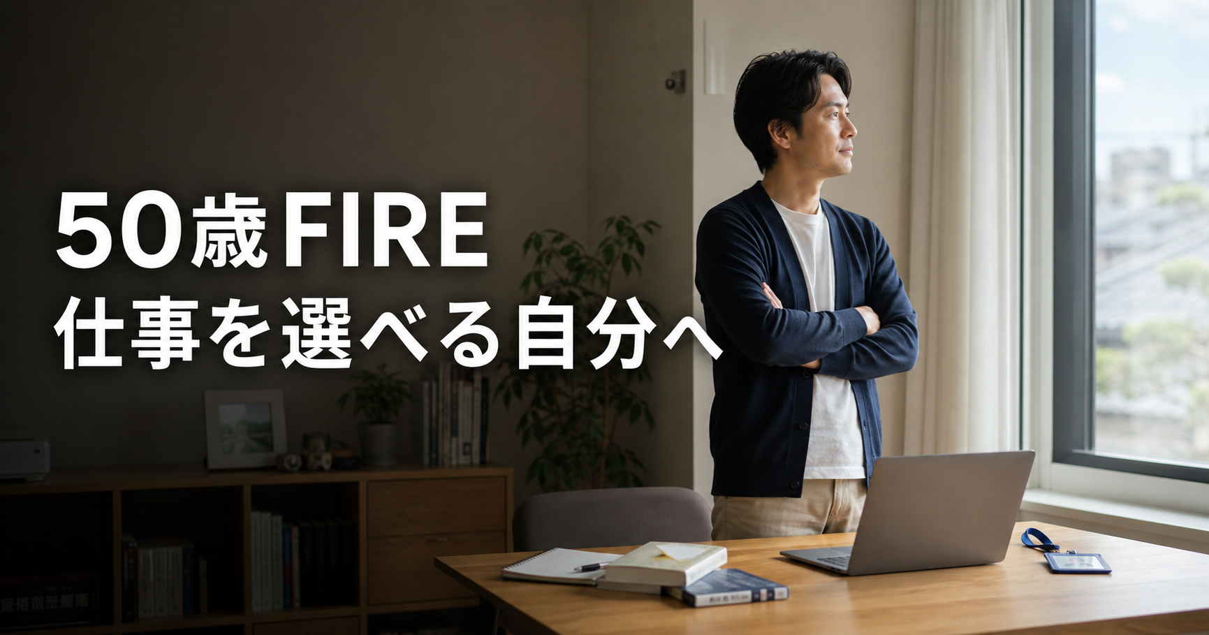 自宅の仕事机の前で窓の外を見る男性と「50歳FIRE 仕事を選べる自分へ」の文字が入った写真