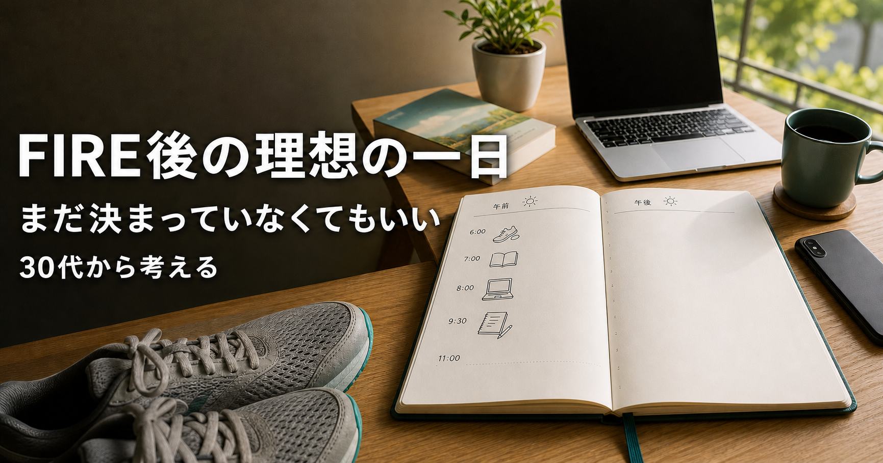 午前の予定だけが書かれ午後が空白の手帳、運動靴、パソコンと「FIRE後の理想の一日」の文字があるサムネイル