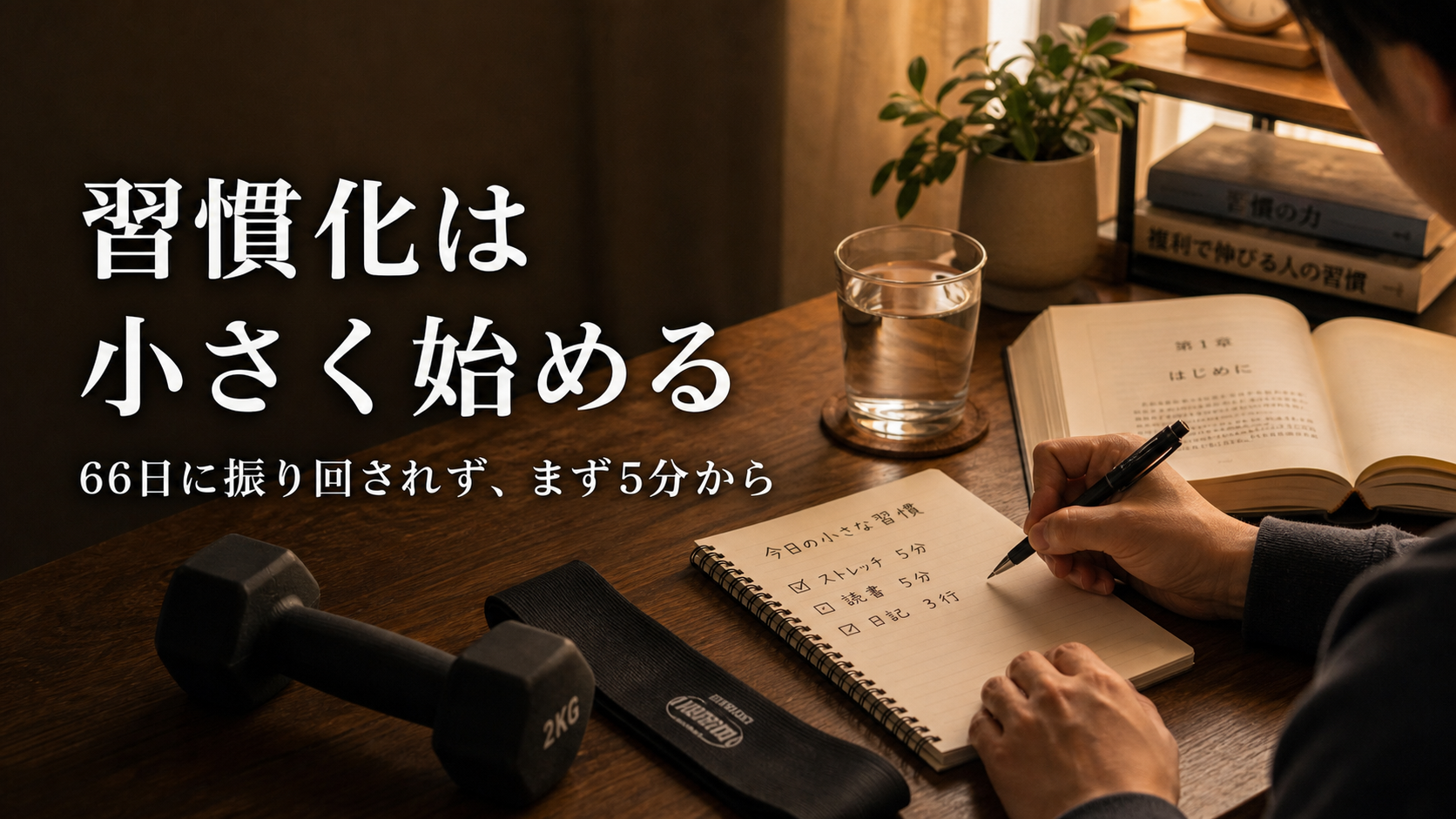 暖色の机でノートに小さな習慣を書き、ダンベルや本を置いて「習慣化は小さく始める」と表示されたサムネイル