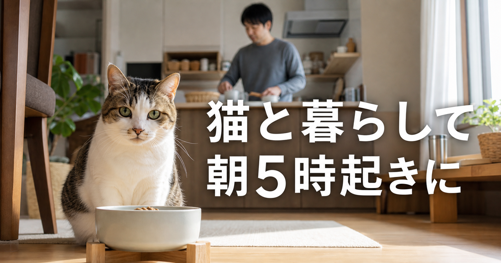 朝の部屋で猫のご飯を用意しながら、猫との暮らしで朝5時起きになった様子を表したサムネイル画像