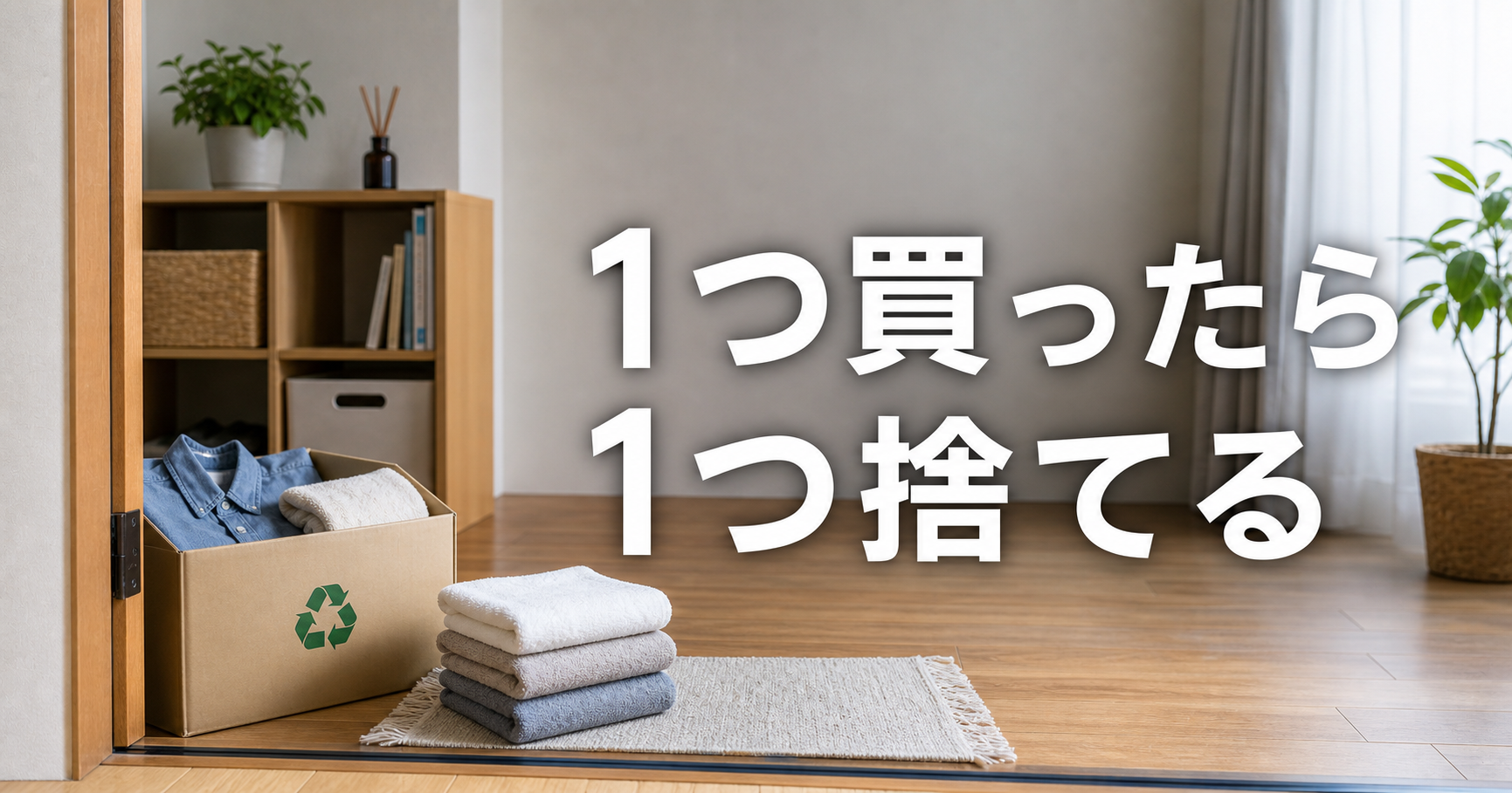 すっきりした部屋に服とタオルを入れた箱が置かれ、「1つ買ったら1つ捨てる」と大きく書かれたサムネイル