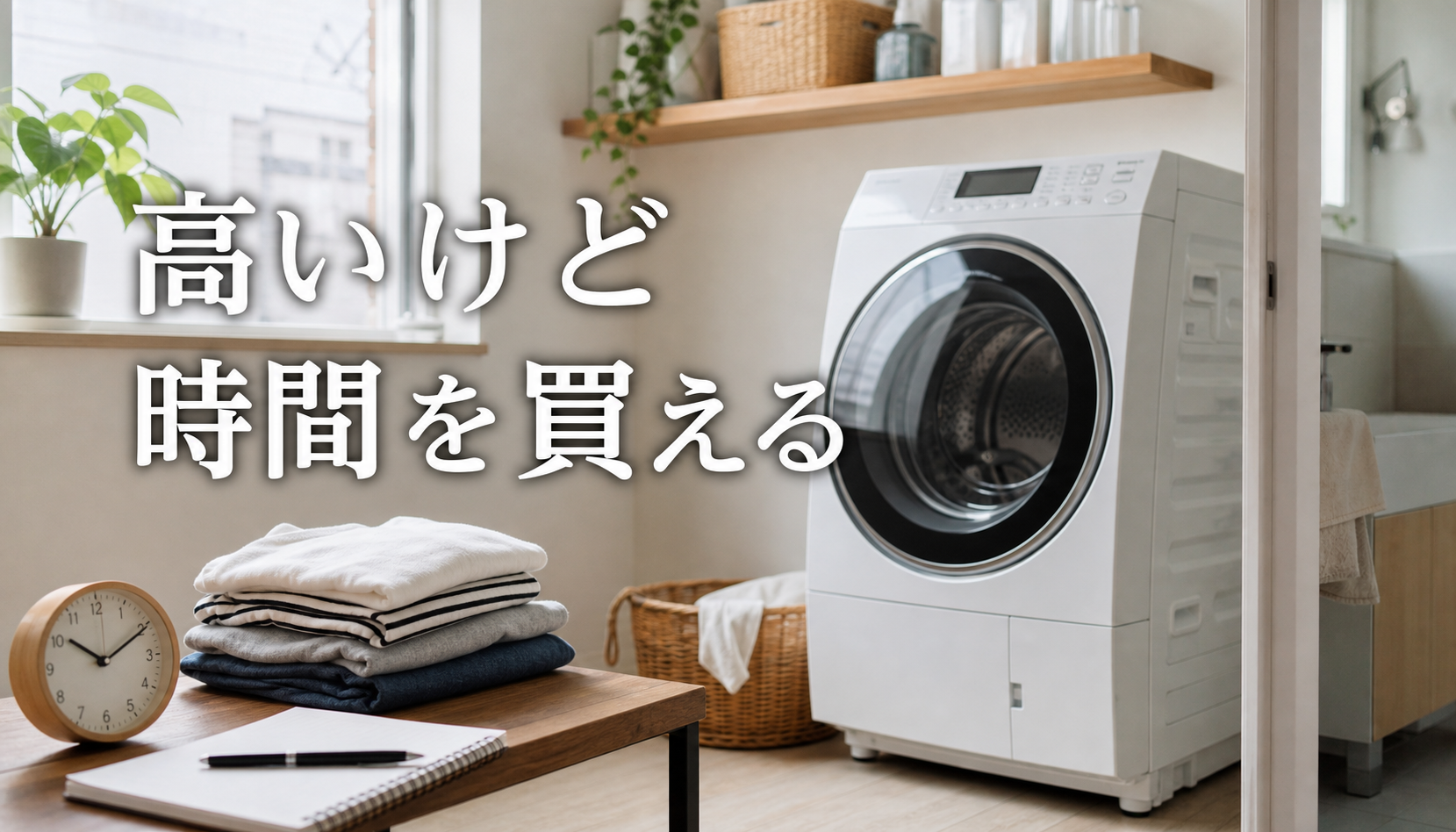 明るい洗面所のドラム式洗濯機と畳んだ服に「高いけど時間を買える」と重ねたサムネイル