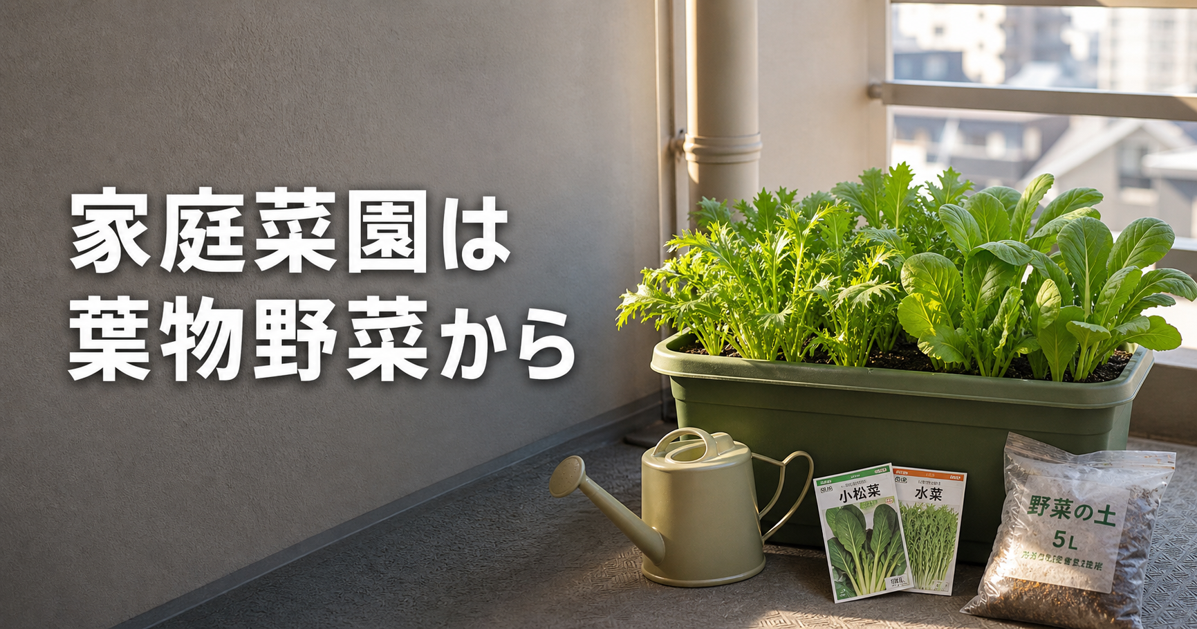 ベランダのプランターで育つ葉物野菜と「家庭菜園は葉物野菜から」の文字が入ったサムネイル