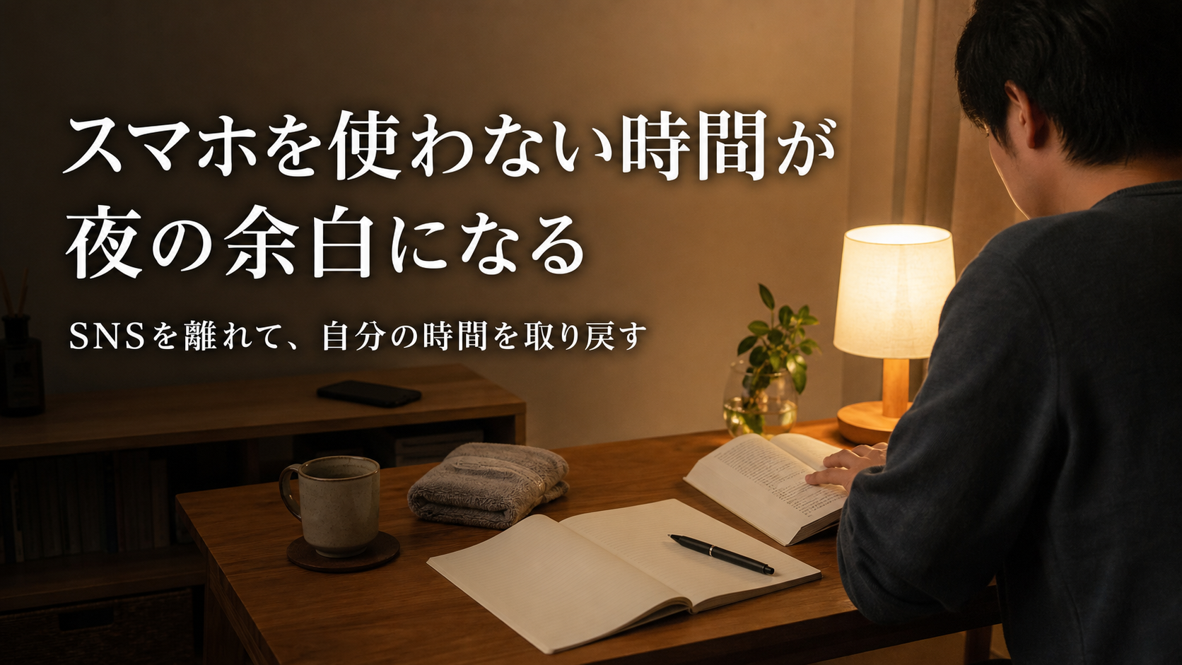 暖色の部屋で男性が本とノートを前に座り、離れた場所にスマホを置いて「スマホを使わない時間が夜の余白になる」と表示されたサムネイル