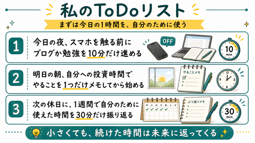 今日の夜、明日の朝、次の休日に取り組む3つのToDoを並べたチェックリスト画像