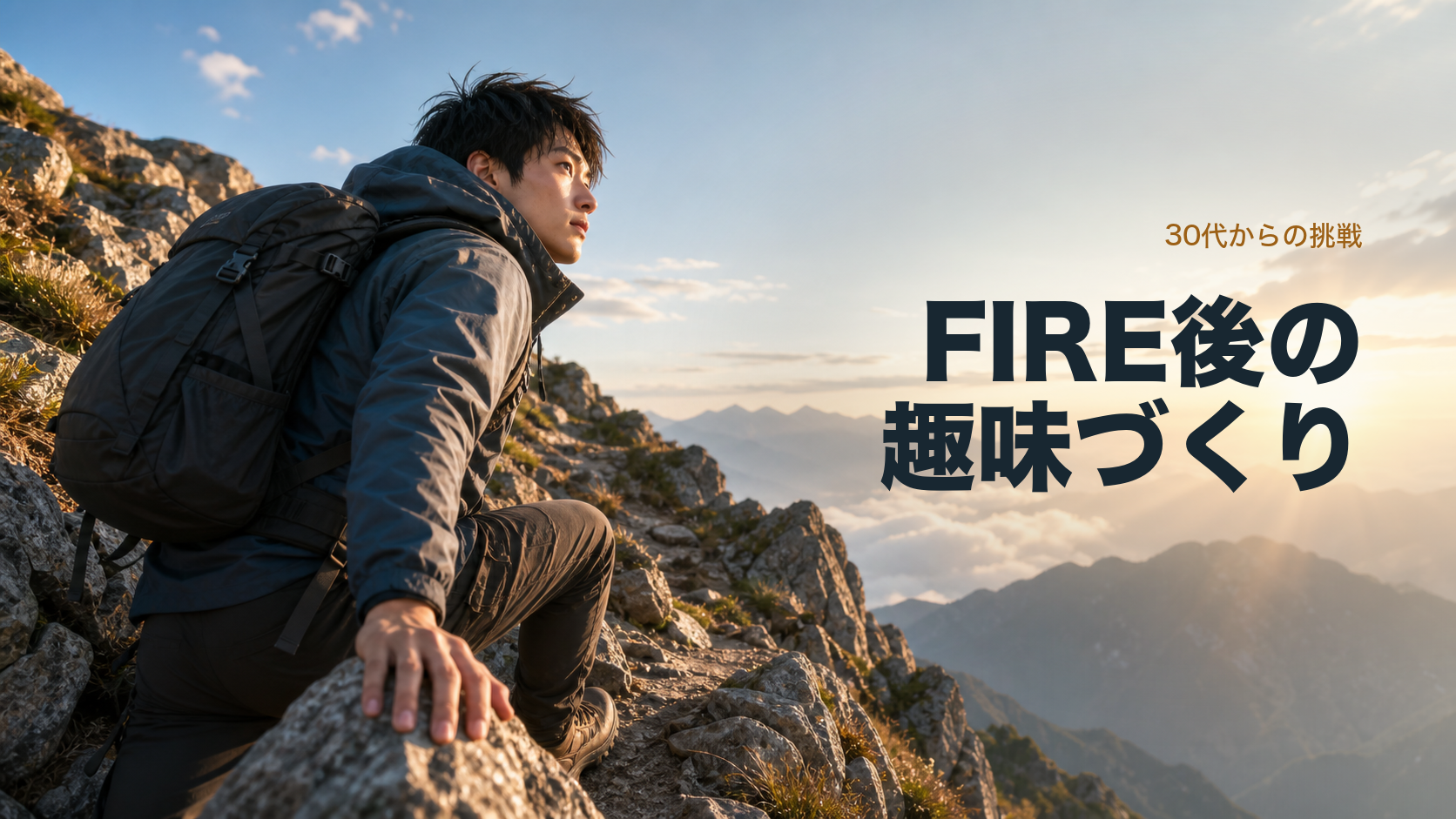 山の岩場で景色を見つめる男性登山者と「FIRE後の趣味づくり」「30代からの挑戦」の文字が入ったサムネイル