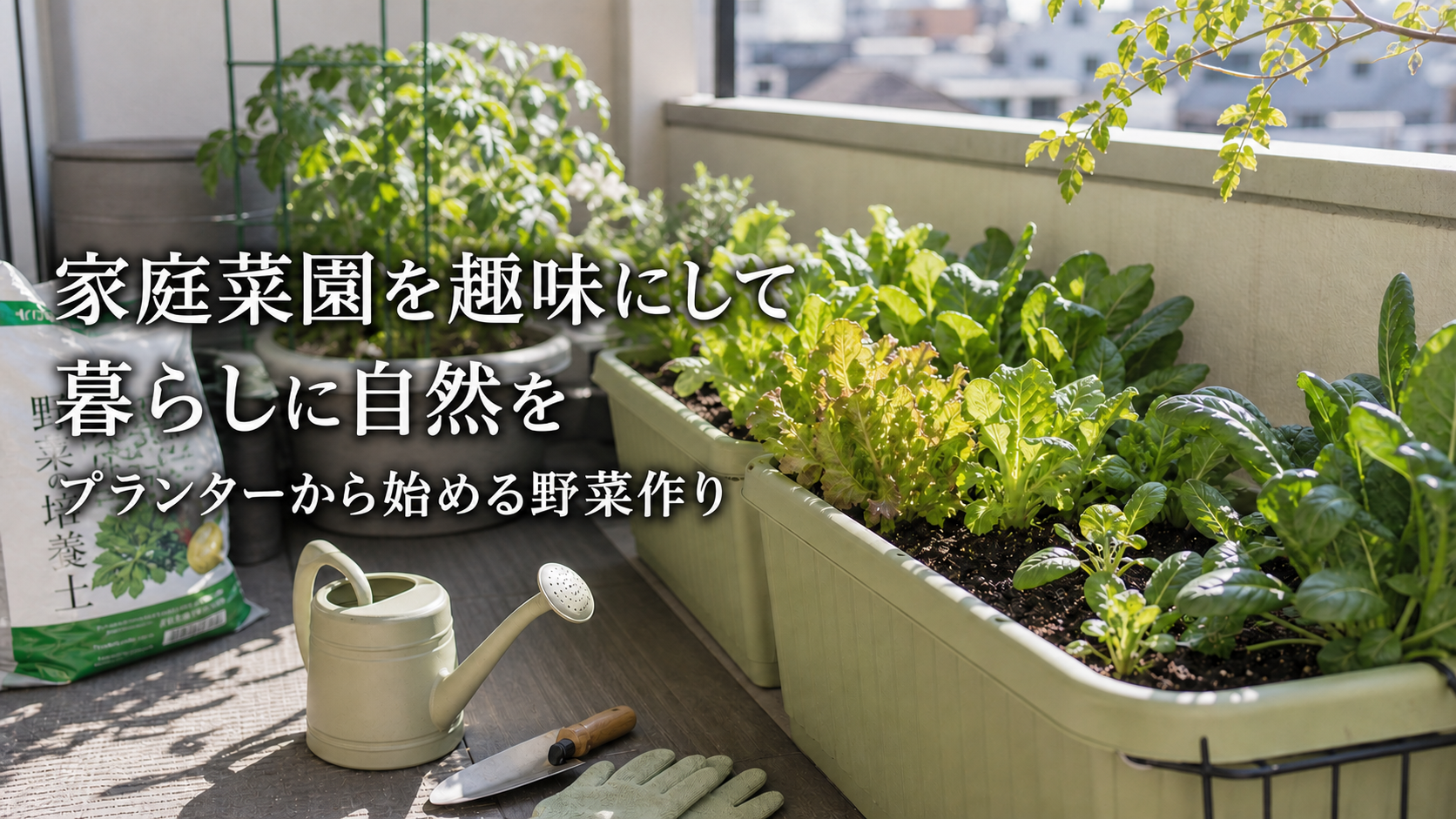ベランダのプランターで育つ葉物野菜とじょうろに「家庭菜園を趣味にする」と重ねたサムネイル
