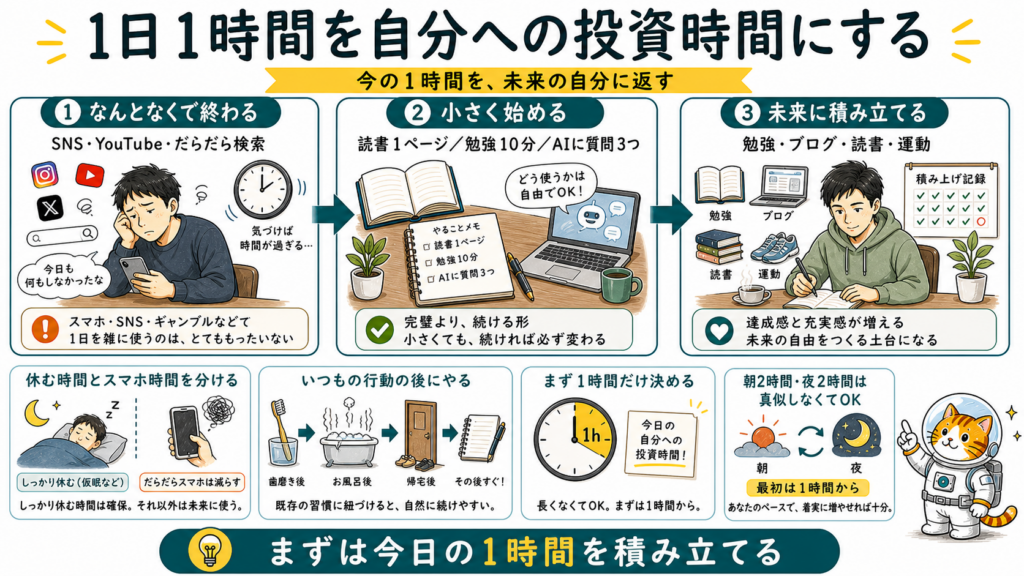 1日1時間を自分への投資時間にする流れを、流れていた時間・自分に返す時間・積み立つ感覚で整理した図解