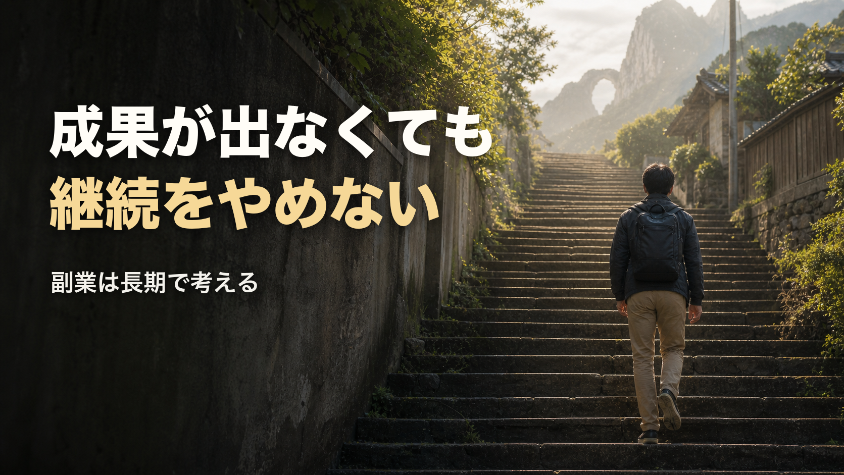 山あいの長い石段を上る男性の後ろ姿と「成果が出なくても継続をやめない」「副業は長期で考える」の文字があるサムネイル