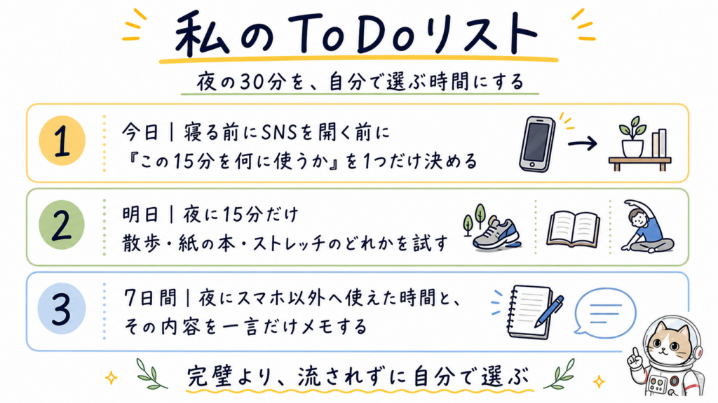 夜の30分を自分で選ぶ時間にするための3つのToDoを並べ、右下に宇宙服の猫キャラクターがいる横長のリスト画像