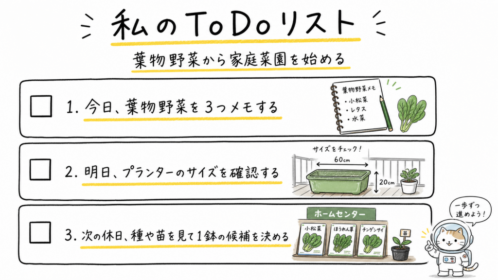 葉物野菜を3つメモする、プランターサイズを確認する、次の休日に1鉢の候補を決めるToDoリスト画像