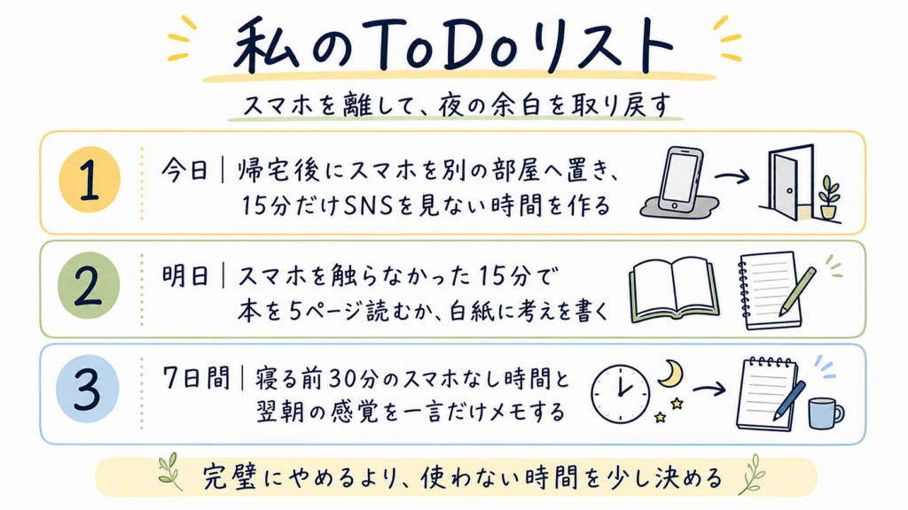 スマホを別の部屋に置く、本や白紙メモに時間を使う、寝る前30分と翌朝の感覚をメモする3つのToDoを並べた横長の図解