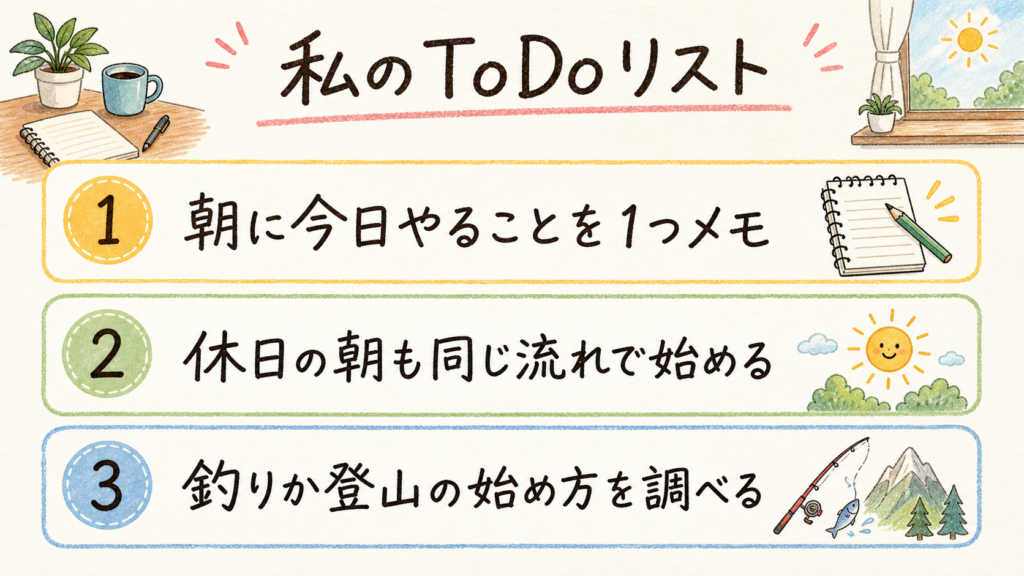 朝に今日やることをメモし休日の朝を整え釣りか登山の始め方を調べる3つのToDo画像