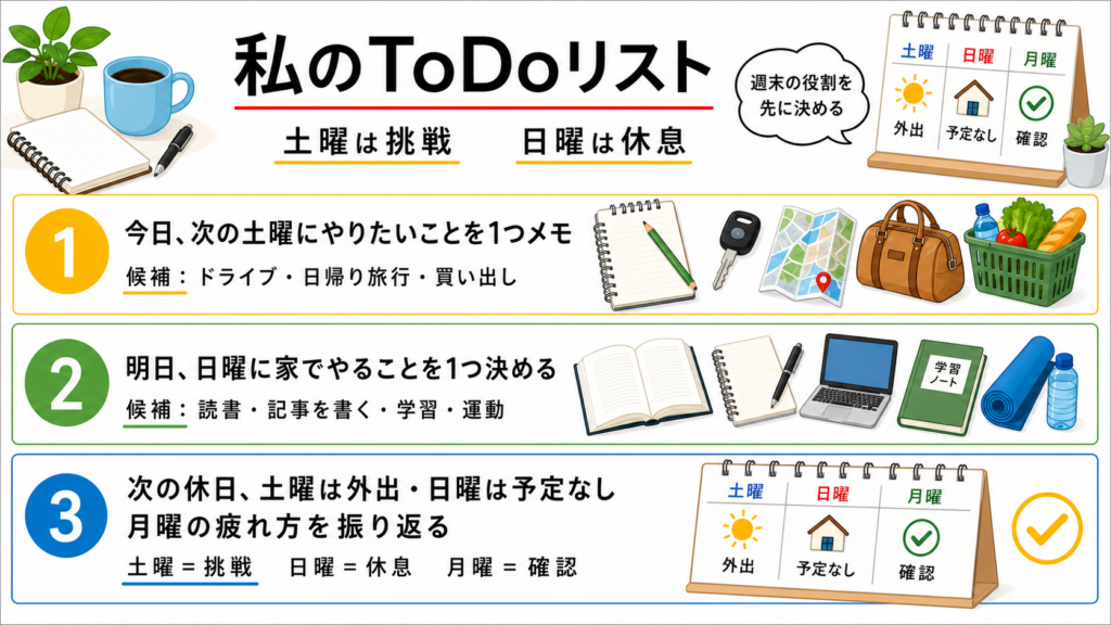 土曜の挑戦候補、日曜の家時間候補、月曜の疲れ方の確認を具体例付きでまとめた3項目のToDoリスト