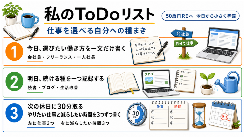 選びたい働き方を書く、続ける種を記録する、休日に仕事と時間を整理する3項目のToDoリスト