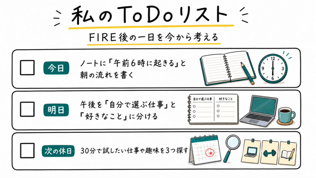 FIRE後の朝の流れを書く、午後を仕事と好きなことに分ける、次の休日に候補を3つ探す行動をまとめたToDoリスト