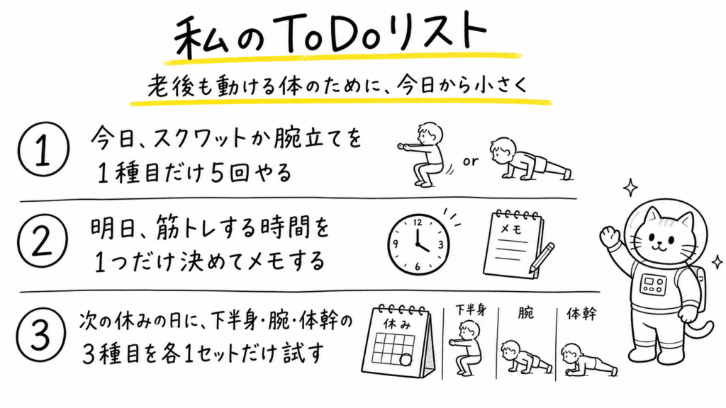 スクワットや腕立てなど老後も動ける体のための3つのToDoを手書きでまとめた画像