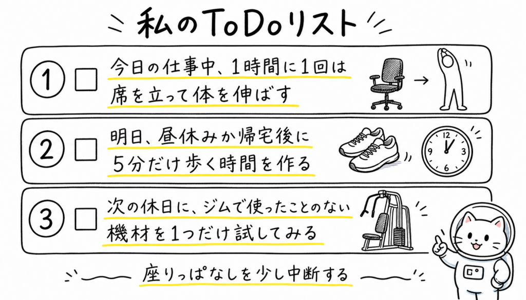 座りっぱなしを少し中断するための3つの行動を、猫キャラクター付きで示した手書きToDoリスト