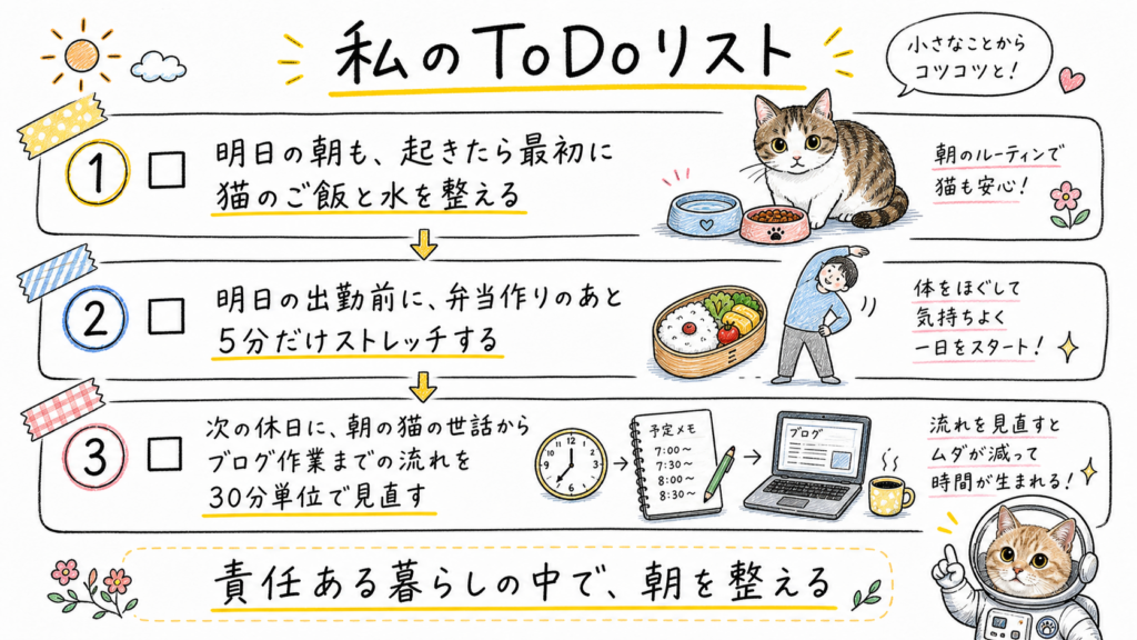 猫のご飯と水、出勤前のストレッチ、休日の朝ルーティン見直しを示したToDoリスト画像