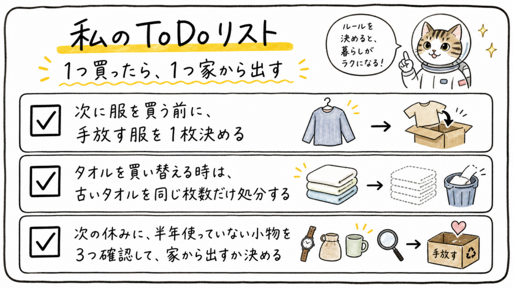 服やタオル、小物を買う前に手放す物を決める3つの行動をチェックリストで示した手書き風ToDo画像