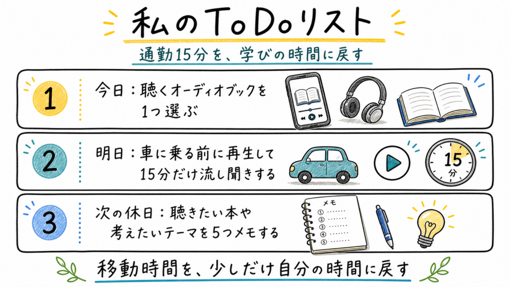 聴く本を選ぶ、15分だけ流し聞きする、聴きたい本と考えたいテーマを5つメモする3つの行動を示したToDo画像