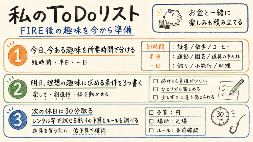 FIRE後の趣味を今から準備するため、趣味を所要時間で分ける、理想の条件を書く、釣りの予算とルールを調べる3項目をまとめたToDoリスト