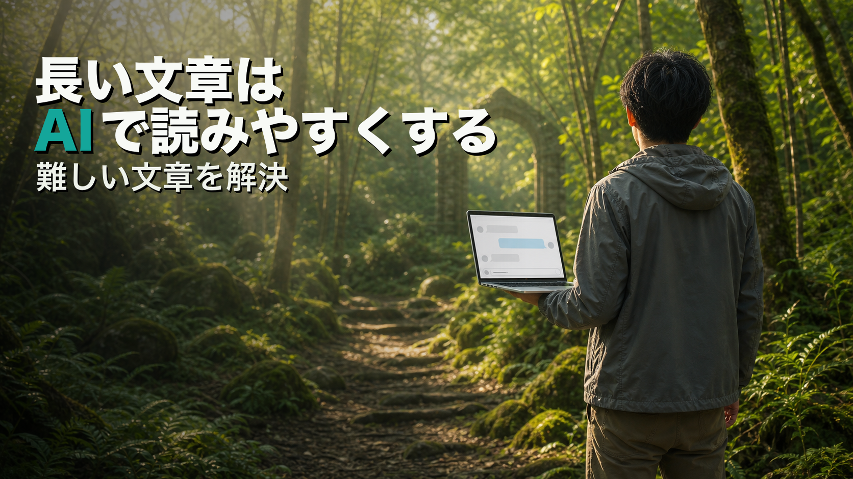 森の道でノートパソコンを持つ男性の後ろ姿に、「長い文章はAIで読みやすくする」「難しい文章を解決」と表示したサムネイル