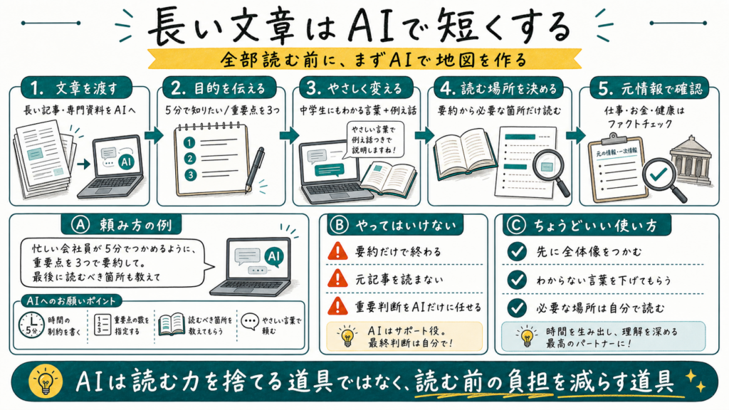 長い文章をAIで短くする流れ、頼み方の例、やってはいけないこと、ちょうどいい使い方をまとめた図解