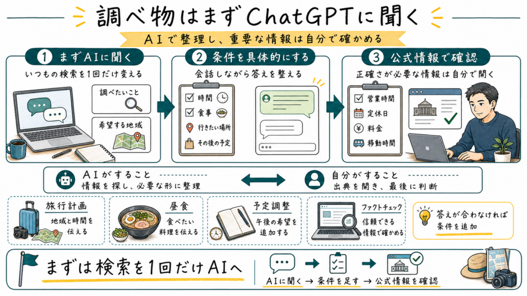 ChatGPTに聞く、条件を具体化する、公式情報で確認する3段階を旅行計画の例とともにまとめた図解