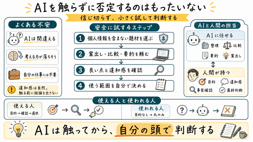 AIへの不安、安全に試す4ステップ、AIと人間の担当、使える人と使われる人の違いをまとめた図解