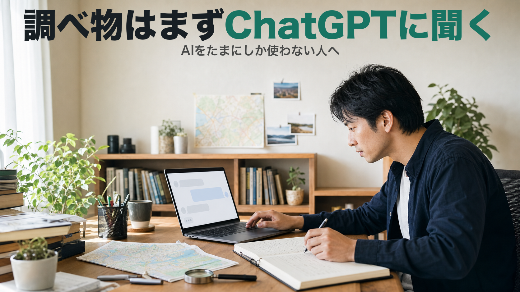 地図を広げた机で男性がノートパソコンのChatGPTを使い、「調べ物はまずChatGPTに聞く」と表示したサムネイル