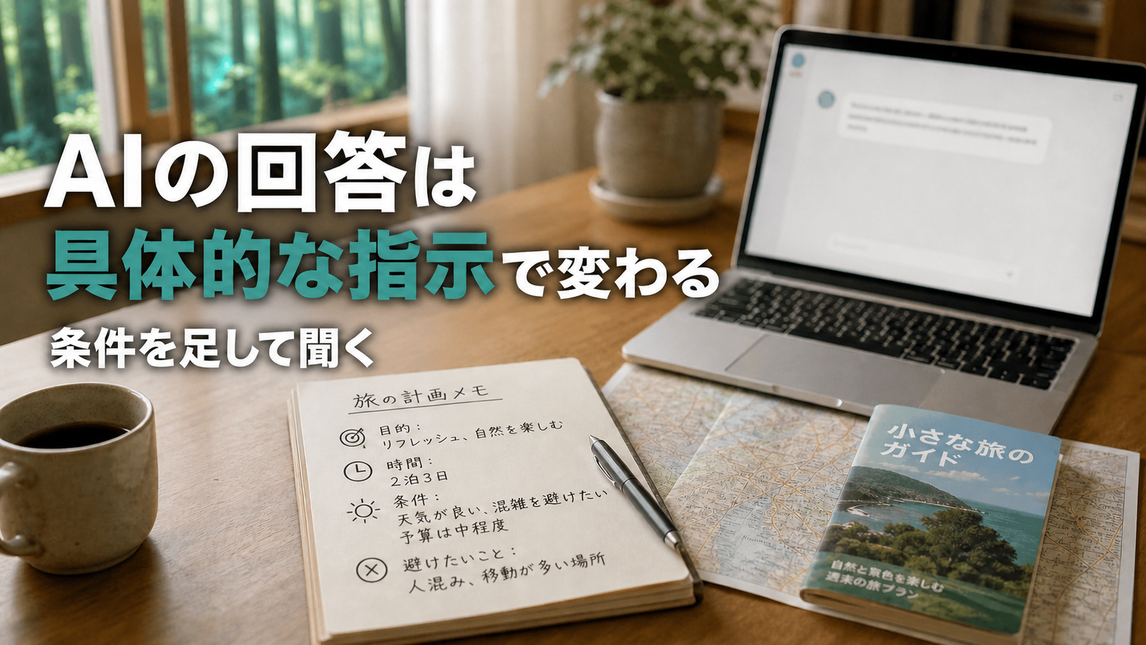 旅行計画のメモと地図、AIチャット画面のノートパソコンを置いた机に「AIの回答は具体的な指示で変わる」と表示したサムネイル