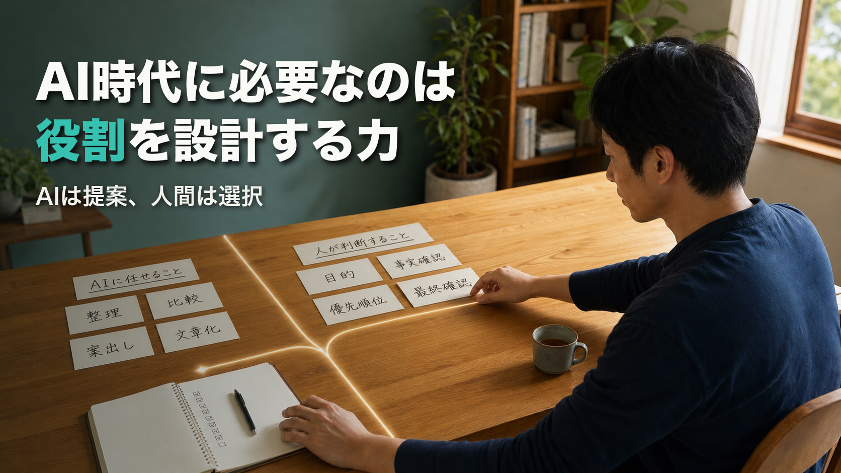 木製テーブルでAIに任せる作業と人間が判断する作業をカードで分ける男性と「AI時代に必要なのは役割を設計する力」の文字