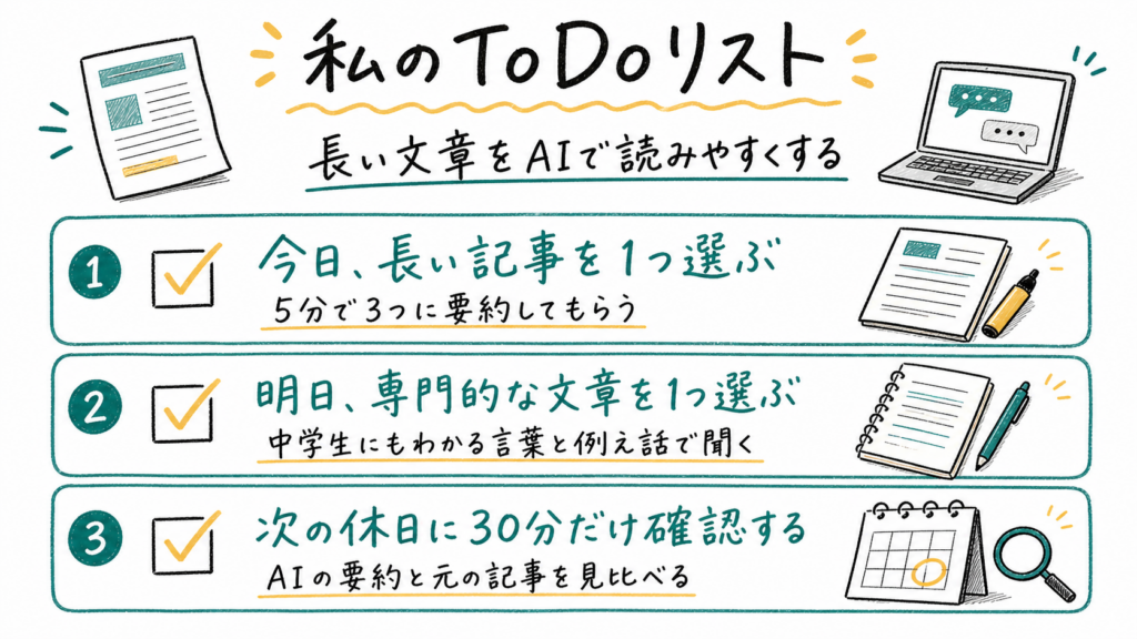 長い記事を要約する、専門的な文章をやさしい言葉で聞く、次の休日に元記事と見比べる3つの行動をまとめたToDoリスト