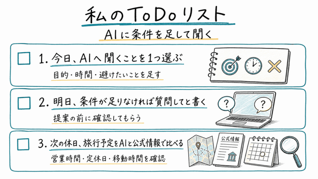 AIへ聞くことに条件を足す、足りない条件は質問してもらう、旅行予定を公式情報と比べる3つの行動をまとめたToDoリスト